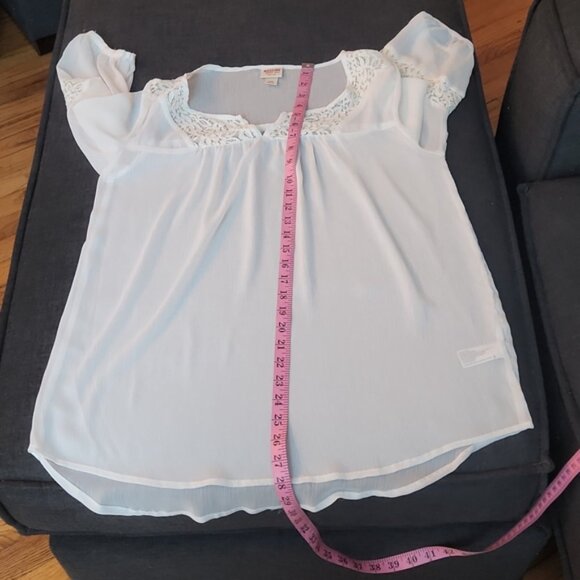 White Chiffon & Lace 3/4 Sleeve Flowy Boho Hippie Cottage Core Peasant Top SzLg - Picture 6 of 8